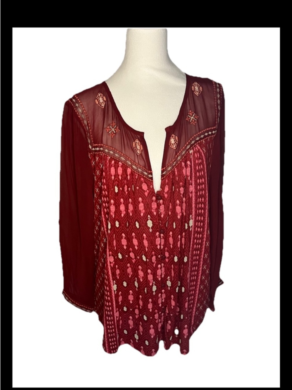 Lucky Brand Boho Print Embroidered Button Front Top Wine XL